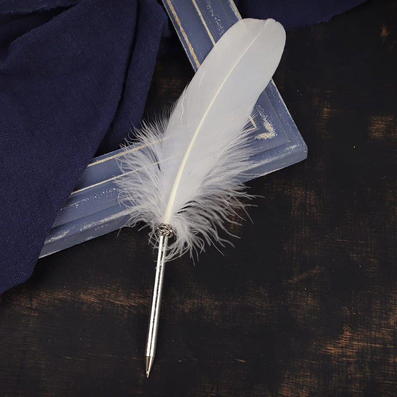 OPENDGO Feather Ballpoint Pen ï¼ŒBlack Ink Vintage Feather Quill Refined Plated Rod Quill Ballpoint Pen For School Writing â–Wedding Gift Signature Pen (White) - Image 2